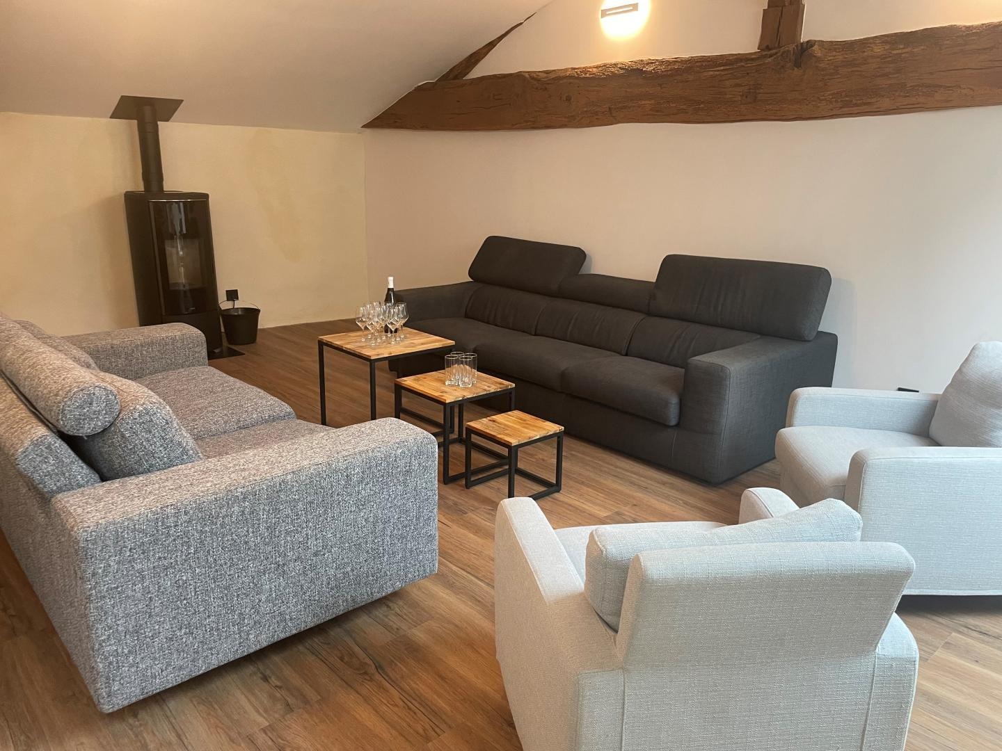 Grand gîte (15 personnes) / Maison de Vacances avec piscine 'Les 5 Pieds de Vigne' à Emeringes dans le Beaujolais - Rhône : Salon