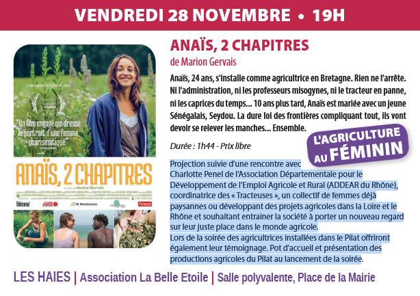 Festival du cinéma solidaire du Pilat : Anaïs 2 chapîtres_Les Haies