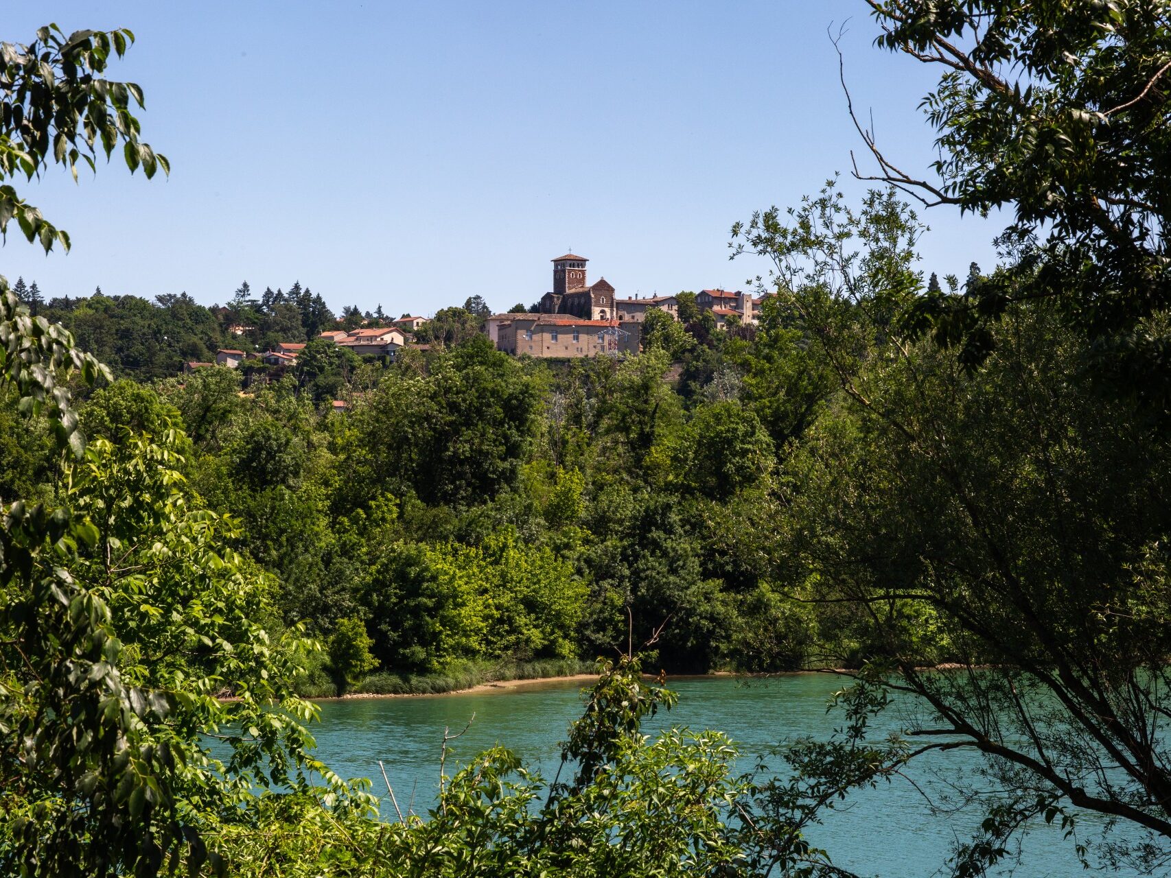Vue sur le Rhône, avec au loin la colline et le château de la Porte à Ternay, avec des arbres encadrant la photo.
